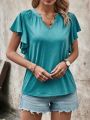 Solid Color Notched Neckline T-Shirt With Notched Ruffle Sleeves