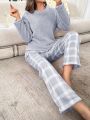 Plush Solid Color Long Sleeve Top And Plaid Pants Homewear Set