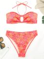 SHEIN Swim Mod Plus Size Women's Floral Print Halter Neck Bikini Set