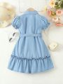 Girls' Spring Romantic And Cute Light Blue Bubble Sleeve Denim Dress Of A-Line Silhouette With Ruffle Edge And Belt