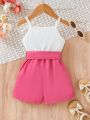 Baby Girl Color Block Button Decor Strap Romper With Shorts