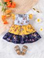 Baby Floral Print Colorblock Ruffle Trim Dress