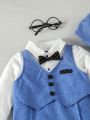 Infant Boys' Gentleman Style Faux Two Pieces Vest Bowtie Romper + Hat Set