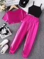 SHEIN Kids HYPEME Teenage Girls' Casual & Sports Streetwear Glossy Fabric Letter Patterned Tracksuit For Summer