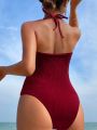 SHEIN Swim BohoFeel Lace Splice Halter One-piece Swimsuit