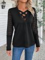 Cross V-Neck Lace Long-Sleeve T-Shirt