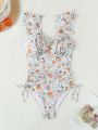 Ruffled One-piece Swimsuit With Drawstring And Pleats, Small Floral Print