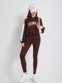 SHEIN Teenage Girls' Knit Patchwork Letter Printed Hoodie And Skinny Pants Casual 2pcs Outfits