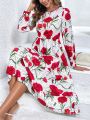 Women's Polka Dot & Rose Pattern Printed Dress