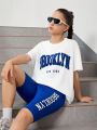 SHEIN Teen Girl Printed Drop Shoulder T-Shirt And Slim Shorts Sports Leisure Two-Piece Set