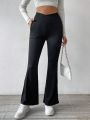 Daily&Casual Pocket Design Slit Flare Pants With High V Waist