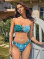 SHEIN Leisure Floral Print Bandeau Bikini Swimwear Set With Circular Ring Decoration