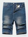 SHEIN SHEIN Teen Boys' Casual Ripped Frayed Straight Leg Vintage Washed Blue Denim Jeans Shorts , For Summer Teen Boy Outfits