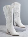 Embroidery Detail Pointy Toe Chunky Heel Boots