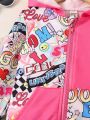 Young Girl Letter & Cartoon Graphic Hooded Jacket & Sweatpants