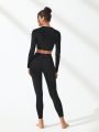 SHEIN Leisure Solid Square Neck Crop Tee & Cut Out Waist Leggings