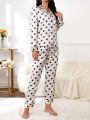 Heart Print Contrast Piping Satin PJ Set