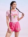 TOM & JERRY X SHEIN Letter & Striped Print Short Sleeve T-Shirt And Shorts