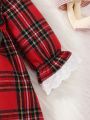 Baby Girl Tartan Print Ruffle Trim Flounce Sleeve Bow Front Dress