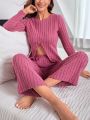 Ladies' Pure Color Ribbed Knitted Home Wear Set