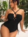 SHEIN Swim Basics Plus Size Drawstring Halterneck Criss Cross Side One Piece Swimsuit