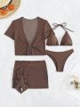 SHEIN Swim SXY Solid Color Triangle Cup Bikini Swimwear Set + Circular Ring Decor Cover Up Set