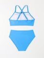 Tween Girls' Solid Color Split Swimsuit Set With Crossed Double Straps Bikini