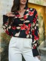 SHEIN LUNE Random Botanic Print Drape Neck Long Sleeve Blouse