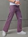 SHEIN Teen Boy's Stylish Elastic Waist Water Washed Ripped Jeans, Purple