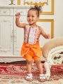 Infant Girls' Geometric Pattern Printed Vest And Belted Shorts Casual Outfits