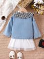 2pcs/set Baby Girls' Spring Autumn Outfits, Denim Jacket With Heart Shaped Mesh Dress, Cute And Fashionable