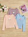 SHEIN Kids QTFun Big Girls' Knitted Pure Color Flower Pattern Round Neck Cute T-Shirt Set Of 3