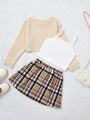 SHEIN Young Girl Solid Cami Top & Plaid Pleated Skirt & Pullover