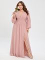 Plus Plunging Neck Lantern Sleeve Split Thigh Bridesmaid Dress