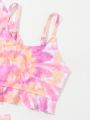 Toddler Girls' Tie Dye Ruffled Hem Tankini Swimsuit Set With Raglan Sleeve Swimwear Top