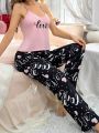 Letter Printed Cami Top And Long Pants Pyjama Set