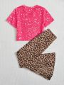 SHEIN Kids QTFun Girls Heart & Letter Graphic Tee & Leopard Print Flare Leg Pants