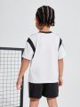 SHEIN Kids SPRTY Young Boys' Casual Loose Fit Round Neck Pullover Color Block T-Shirt And Shorts Set