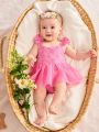 SHEIN Newborn Baby Girl Mesh & Lace Ruffle Square Collar Romper