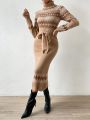 SHEIN Frenchy Geo Pattern Turtleneck Belted Sweater Dress