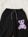 SHEIN Tween Girl Bear Embroidery Thermal Lined Drawstring Waist Sweatpants