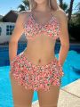 SHEIN Swim Mod Floral Print Front Knot & Ruffle Trimmed Bikini Set