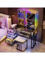 Kasibie RGB LED Lights Makeup Vanity Set,Grey Vanity Desk with Glam Glass Top&Hair Dryer Holder,Dressing table with USB&Wireless Charging Station,Makeup Desk with Visible 6Drawers,Open Storage ShelvesRGB LED Lights Makeup Vanity Set,Grey Vanity Desk