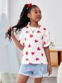 SHEIN Girls' Casual Loose-Fit Knitted Heart Print Short Sleeve T-Shirt With Round Neck For Daily Life