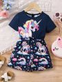 SHEIN Kids EVRYDAY Toddler Girls' Unicorn Printed Short Sleeve Kntted Front Romper With Shorts