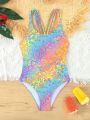 Tween Girl 3d Artistic Effect Printed One-Piece Swimsuit