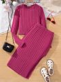 Teen Girls' Basic Casual Long Sleeve Top And Plush Ribbed Split Skirt Set