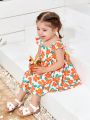 SHEIN Baby Girl's Casual Holiday Floral Pattern Colorblock Bowknot Flutter Sleeve Dress