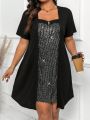 Plus Size Women'S Sparkle Patchwork Short Sleeve Dress