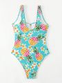 Pineapple And Floral Print Knotted Front One-Piece Swimsuit